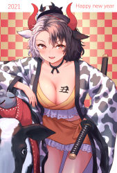 Rule 34 | 1girl, 2021, animal, animal ears, animal print, black hair, body writing, breasts, checkered background, cleavage, cow, cow ears, cow girl, cow horns, cow print, happy new year, horns, japanese clothes, looking at viewer, medium breasts, multicolored hair, new year, red eyes, roke (taikodon), sheath, sheathed, short hair, smile, split-color hair, sword, tail, touhou, two-tone hair, ushizaki urumi, weapon, white hair