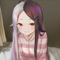 Rule 34 | 1girl, absurdres, ahoge, alternate hairstyle, blush, brown hair, closed mouth, curtains, hair down, hair ornament, hairclip, highres, jacket, long hair, multicolored hair, nijisanji, parted bangs, pink jacket, red eyes, red hair, silver hair, smile, solo, split-color hair, streaked hair, striped clothes, striped jacket, two-tone hair, upper body, very long hair, virtual youtuber, yorumi rena, yotsugi