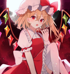 Rule 34 | 1girl, :o, back bow, blonde hair, bow, collared shirt, crystal, fang, feet out of frame, flandre scarlet, frilled shirt collar, frilled skirt, frilled sleeves, frills, full moon, hand up, hat, hat ribbon, highres, knees up, mob cap, moon, one side up, open mouth, petticoat, puffy short sleeves, puffy sleeves, red eyes, red nails, red ribbon, red skirt, red sky, red vest, ribbon, shirt, short hair, short sleeves, skirt, skirt set, sky, solo, thighhighs, touhou, vest, white bow, white hat, white shirt, white thighhighs, wings, yurui tuhu