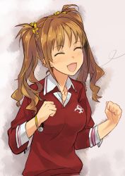 Rule 34 | 10s, 1girl, alternate hairstyle, brown hair, collared shirt, closed eyes, hino akane (idolmaster), idolmaster, idolmaster cinderella girls, kusanagi kaoru, open mouth, shirt, smile, solo, twintails, upper body, watch