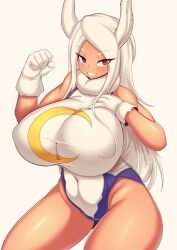 Rule 34 | 1girl, animal ears, bare shoulders, blush, boku no hero academia, breasts, covered navel, cowboy shot, curvy, dark-skinned female, dark skin, eyelashes, female focus, fur trim, gloves, grin, head tilt, highres, huge breasts, impossible clothes, impossible leotard, leotard, long hair, looking at viewer, mirko, navel, rabbit ears, red eyes, skin tight, smile, solo, standing, tailzkim, taut clothes, taut leotard, thick thighs, thighs, white background, white gloves, white hair, white leotard, wide hips