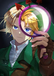 Rule 34 | 2boys, absurdres, aged down, blonde hair, blue eyes, brown gloves, closed mouth, commentary, dual persona, ear piercing, fingerless gloves, gameplay mechanics, gloves, green headwear, green tunic, hat, highres, holding, lens of truth, link, looking at viewer, male focus, multiple boys, nintendo, parted bangs, piercing, pointy ears, pra 11, shirt, signature, the legend of zelda, the legend of zelda: ocarina of time, tunic, upper body, white shirt, young link