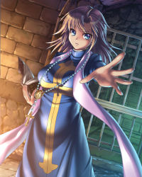Rule 34 | 1girl, ahoge, aocchi, blue eyes, book, cross, cross necklace, dutch angle, jewelry, light brown hair, looking at viewer, necklace, open book, outstretched hand, peropero saimin, robe, scarf, solo