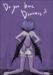 Rule 34 | 1girl, back, barefoot, bat wings, bloomers, english text, female focus, from behind, kneeling, monochrome, purple hair, purple theme, remilia scarlet, short hair, sketch, solo, tima, topless, touhou, underwear, white bloomers, wings
