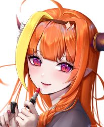 Rule 34 | 1girl, ahoge, blonde hair, blunt bangs, blush, bow, brown hairband, close-up, cosmetics, diagonal-striped bow, dragon girl, dragon horns, fang, fang out, fayutea, fingernails, hair intakes, hairband, hands up, highres, holding, holding lipstick tube, hololive, horn bow, horn ornament, horns, kiryu coco, kiryu coco (1st costume), lipstick tube, long fingernails, long hair, looking at viewer, multicolored eyes, multicolored hair, nail polish, orange hair, pointy ears, portrait, purple eyes, red eyes, red lips, red nails, sidelocks, smile, solo, streaked hair, striped, striped bow, twitter username, virtual youtuber