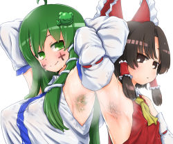 Rule 34 | 2girls, :3, absurdres, ahoge, armpit hair, armpits, arms up, benikurage (cookie), bow, breasts, brown eyes, brown hair, closed mouth, commentary request, cookie (touhou), covered erect nipples, cross, detached sleeves, facepaint, frilled bow, frilled hair tubes, frills, frog hair ornament, hair bow, hair ornament, hair tubes, hakurei reimu, highres, kochiya sanae, large breasts, locked arms, long hair, looking at another, looking to the side, medium hair, multiple girls, necktie, otemoto (baaaaloooo), parted bangs, paseri (cookie), presenting armpit, red bow, red shirt, ribbon-trimmed sleeves, ribbon trim, shirt, simple background, sleeveless, sleeveless shirt, small breasts, smile, snake hair ornament, sweat, sweaty clothes, touhou, upper body, v, white background, white shirt, white sleeves, yellow neckwear
