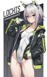 Rule 34 | 1girl, black jacket, blush, closed mouth, collarbone, competition swimsuit, covered navel, cowboy shot, dosu (doseven), green eyes, grey hair, hood, hooded jacket, jacket, long sleeves, looking at viewer, one-piece swimsuit, open clothes, open jacket, phantasy star, phantasy star online 2, short hair, smile, solo, standing, swimsuit