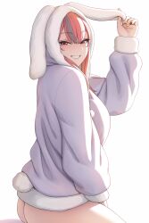 Rule 34 | 1girl, animal hood, ass, azur lane, blush, bottomless, bremerton (azur lane), commentary, english commentary, fingernails, from behind, grey hair, hand on headwear, highres, hood, hoodie, long sleeves, looking at viewer, looking back, lvl (sentrythe2310), mole, mole under eye, multicolored hair, purple hood, purple hoodie, rabbit hood, rabbit tail, red eyes, red hair, simple background, sleeves past wrists, smile, solo, streaked hair, tail, teeth, thighs, two-tone hair, white background