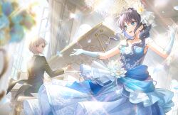 Rule 34 | 2girls, black pants, black suit, blue dress, blue eyes, blue hair, blurry, blurry foreground, butler, chandelier, closed mouth, dark blue hair, diagonal bangs, dress, dress flower, elbow gloves, female butler, flower, formal, game cg, gloves, grey hair, hair flower, hair ornament, highres, instrument, jewelry, lace, lace-trimmed dress, lace trim, link! like! love live!, long dress, long hair, long sleeves, looking at another, love live!, mole, mole on neck, multicolored hair, multiple girls, murano sayaka, music, necklace, official art, open mouth, open window, pant suit, pants, playing instrument, playing piano, princess, red eyes, red hair, short hair, sidelocks, sleeveless, sleeveless dress, smile, sparkle, streaked hair, suit, tailcoat, teeth, third-party source, tiara, upper teeth only, wavy hair, white flower, white gloves, window, yugiri tsuzuri
