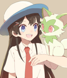 Rule 34 | 1girl, :d, arm at side, arm up, blue eyes, breast pocket, brown background, brown hair, collared shirt, creatures (company), dot nose, game freak, hair ornament, hairpin, hat, long hair, looking at animal, necktie, nijisanji, nintendo, open mouth, pocket, pokemon, pokemon (creature), pokemon sv, red necktie, school uniform, shirt, short sleeves, sidelocks, simple background, smile, solo, sou (tuhut), sprigatito, straight hair, teeth, tsukino mito, upper body, upper teeth only, virtual youtuber, white hat, white shirt