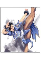 Rule 34 | 1girl, black hair, bracelet, brown eyes, bun cover, capcom, china dress, chinese clothes, chun-li, double bun, dress, earrings, highres, homare (fool&#039;s art), jewelry, kicking, legs, open mouth, pantyhose, pelvic curtain, sash, solo, spiked bracelet, spikes, street fighter, thighs