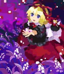 Rule 34 | 2girls, black skirt, blonde hair, blue eyes, bow, bowtie, commentary request, flower, frilled shirt, frills, hair ribbon, highres, kaigen 1025, lily of the valley, medicine melancholy, medium hair, multiple girls, open mouth, red bow, red bowtie, red ribbon, red shirt, red skirt, ribbon, shirt, sketch, skirt, smile, su-san, touhou