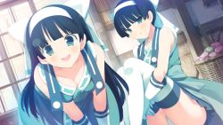 Rule 34 | 2girls, black hair, blue eyes, blush, breasts, cleavage, evenicle, game cg, gloves, hairband, japanese clothes, kinou (evenicle), kyou (evenicle), large breasts, leaning forward, hugging own legs, legs, long hair, looking at viewer, multiple girls, open mouth, panties, short hair, sitting, skirt, smile, staring, thighhighs, thighs, underwear, white legwear, yaegashi nan