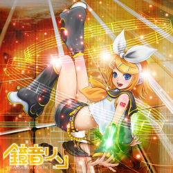 Rule 34 | 1girl, bow, character name, detached sleeves, hair bow, headphones, kagamine rin, leg up, leg warmers, musical note, open mouth, outstretched arms, shorts, smile, solo, sparkle, vocaloid, yamasan (hachiman)
