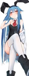 Rule 34 | 1girl, absurdres, animal ears, bare shoulders, black footwear, blue hair, blush, breasts, closed mouth, crossed legs, detached collar, fake animal ears, hair between eyes, highres, hinanawi tenshi, leotard, long hair, looking at viewer, necktie, playboy bunny, rabbit ears, red eyes, red necktie, shoes, simple background, sitting, small breasts, solo, thighhighs, thighs, touhou, tsune (tune), very long hair, white background, white thighhighs