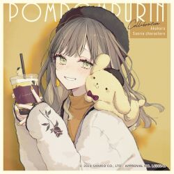 Rule 34 | 1girl, akakura, artist name, black headwear, brown hair, character name, coat, copyright notice, cup, drinking straw, english text, grin, highres, holding, holding cup, long hair, long sleeves, looking at viewer, parted lips, pompompurin, sanrio, shirt, simple background, smile, solo, turtleneck, upper body, white coat, yellow background, yellow eyes, yellow nails, yellow shirt