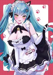 Rule 34 | 1girl, animal ears, apron, black dress, blue hair, blush, breasts, cat ears, cat tail, dress, drill hair, elbow gloves, fake animal ears, fake tail, gloves, goddess of victory: nikke, highres, holding own tail, itsuki isshiki, large breasts, legwear garter, light blue hair, long hair, looking at viewer, maid, maid headdress, neck bell, official alternate costume, paw hair ornament, paw print, paw print background, privaty (nikke), privaty (unkind maid) (nikke), solo, sweatdrop, tail, thighhighs, twin drills, twintails, very long hair, white apron, white gloves, white thighhighs, yellow eyes