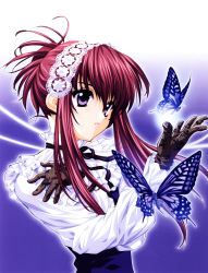 Rule 34 | 00s, 1girl, black gloves, blouse, bug, butterfly, chikage (sister princess), frilled shirt, frilled shirt collar, frilled sleeves, frills, gloves, glowing, glowing butterfly, goth fashion, gradient background, hairband, hand on own chest, highres, insect, lace, lace gloves, lips, lipstick, lolita hairband, long sleeves, makeup, narrow waist, neck ribbon, outline, parted lips, pink lips, purple background, purple eyes, purple hair, ribbon, shirt, sidelocks, sister princess, solo, tenhiro naoto, tsurime, upper body, white shirt