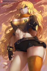 Rule 34 | 1girl, artist name, belt, blonde hair, breasts, commentary, curvy, cutesexyrobutts, highres, long hair, looking at viewer, medium breasts, midriff, navel, orange thighhighs, pinup (style), purple eyes, rwby, short shorts, shorts, signature, skindentation, solo, standing, stomach, thick thighs, thighhighs, thighs, toned, very long hair, yang xiao long