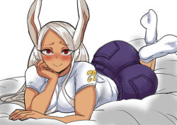 Rule 34 | 1girl, animal ears, ass, bed sheet, blush, boku no hero academia, breasts, closed mouth, dark-skinned female, dark skin, denim, eyelashes, huge ass, jeans, large breasts, long eyelashes, long hair, looking at viewer, lying, mirko, on stomach, pants, parted bangs, rabbit ears, red eyes, shirt, short sleeves, simple background, smile, socks, soles, solo, thelorope, white background, white hair, white shirt, white socks