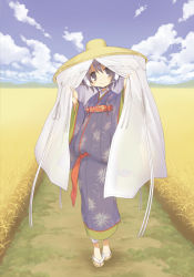 Rule 34 | 1girl, cloud, day, field, hat, japanese clothes, kimono, nekoguruma, original, rice hat, sandals, sky, solo, veil