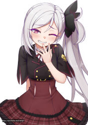 Rule 34 | 1girl, black bow, black jacket, blue archive, blush, bow, buttons, cowboy shot, double-breasted, frilled skirt, frills, grey hair, grin, hair bow, hair ornament, hand up, high-waist skirt, highres, jacket, long hair, looking at viewer, mutsuki (blue archive), neck ribbon, one eye closed, plaid, plaid skirt, red eyes, red skirt, ribbon, short sleeves, side ponytail, simple background, skirt, smile, solo, teeth, vahn yourdoom, white background, wide sleeves