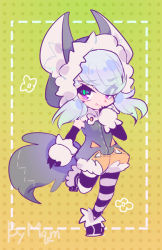 Rule 34 | 1girl, animal ears, animal hands, animal hood, bad id, bad pixiv id, blue hair, chibi, closed mouth, commentary request, elbow gloves, eyes visible through hair, fang, full body, gloves, gradient background, green eyes, hand to own mouth, hood, hood up, leg up, looking at viewer, medium hair, multicolored eyes, original, pantyhose, paw gloves, purple eyes, she li (lynxm), smile, solo, standing, standing on one leg, striped clothes, striped pantyhose, tail, twintails, wolf ears, wolf hood, wolf tail