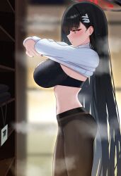 Rule 34 | 1girl, absurdres, ass, black bra, black hair, black nails, black pantyhose, blue archive, bra, breasts, fingernails, from side, hair ornament, hairpin, halo, highres, large breasts, long hair, long sleeves, mijikayo, nail polish, navel, no pants, open mouth, pantyhose, pleated skirt, profile, red eyes, rio (blue archive), skirt, solo, underwear