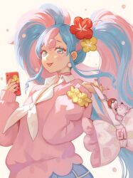 Rule 34 | 1girl, bag, bull sprite (pokemon), cardigan, cellphone, character doll, choker, clefairy, creatures (company), earrings, fairy miku (project voltage), fish sprite (pokemon), flower, fossil sprite (pokemon), game freak, gen 1 pokemon, hair flower, hair ornament, hatsune miku, heart, heart choker, highres, holding, holding phone, jewelry, long hair, multicolored hair, nail polish, nintendo, phone, pink cardigan, pink nails, pokemon, project voltage, scrunchie, shoulder bag, tongue, tongue out, twintails, two-tone hair, very long hair, vocaloid, wernope, wrist scrunchie