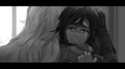 Rule 34 | 2girls, blush, crying, dishwasher1910, greyscale, hand on another&#039;s head, highres, hug, letterboxed, long hair, monochrome, multiple girls, ruby rose, rwby, siblings, sisters, yang xiao long
