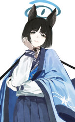 Rule 34 | 1girl, absurdres, animal ears, black eyes, black hair, black nails, blue archive, blue kimono, blue neckerchief, blue skirt, choker, closed mouth, elbow rest, half-closed eyes, halo, hand in own hair, hand on own cheek, hand on own face, highres, japanese clothes, kikyou (blue archive), kimono, kimono on shoulders, long sleeves, looking at viewer, neckerchief, ningen (ningen96), ribbon choker, sailor collar, shirt, short hair, simple background, skirt, solo, upper body, white background, white shirt