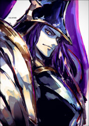 Rule 34 | 1boy, armor, black headwear, colored skin, fake horns, fate/grand order, fate (series), grimace, head tilt, helmet, horned helmet, horns, imagawa yoshimoto (fate), japanese armor, k-suwabe, long hair, looking at viewer, looking to the side, male focus, purple hair, shaded face, solo, upper body, white skin, yellow eyes