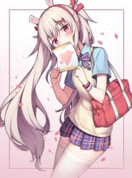 Rule 34 | 1girl, absurdres, animal ears, arrow through heart, azur lane, badge, bag, blonde hair, blue shirt, blush, breasts, button badge, cherry blossoms, collared shirt, commentary, covering own mouth, fake animal ears, falling petals, hair ornament, hairband, head tilt, heart, highres, holding, holding letter, hop3, laffey (azur lane), letter, long hair, looking at viewer, neck ribbon, petals, plaid, plaid ribbon, plaid skirt, pleated skirt, rabbit ears, red eyes, ribbon, school bag, school uniform, shirt, skirt, small breasts, solo, sweater, sweater vest, thighhighs, twintails, uniform, very long hair, white thighhighs, x hair ornament, yellow sweater
