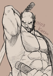 Rule 34 | 1boy, abs, armpits, bald spot, bara, bare pectorals, beard, brown theme, connected beard, facial hair, final fantasy, final fantasy xiv, frown, full beard, greyscale with colored background, hadanugi dousa, holding, holding sword, holding weapon, incoming attack, katsu 7518, large pectorals, looking at viewer, male focus, muscular, muscular male, mustache, open kimono, pectorals, roegadyn, ronin, sanpaku, solo, strongman waist, sword, thick eyebrows, tsurime, upper body, warrior of light (ff14), weapon