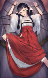 Rule 34 | 1girl, arms up, bdsm, black eyes, black hair, blunt bangs, blush, bondage, bound, bound wrists, breasts, f-ism, hair ornament, hakama, hakama skirt, highres, hip vent, japanese clothes, leg lift, long hair, looking at viewer, miko, murakami suigun, open mouth, original, red hakama, rope, see-through, shibari, skirt, small breasts, solo, spread legs, sweat, translucent, twintails, wet, wet clothes, wide sleeves