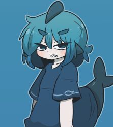 Rule 34 | 1girl, blue background, blue eyes, blue hair, blue shirt, blush, collarbone, commentary request, fins, fish tail, fuka-chan, hair between eyes, highres, looking at viewer, original, shark tail, sharp teeth, shirt, short eyebrows, short sleeves, simple background, solo, tail, teeth, thick eyebrows, uni souchou, upper body, v-shaped eyebrows