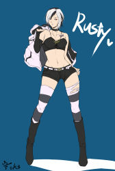 Rule 34 | azu (warehouse86), bad id, bad pixiv id, bare shoulders, boots, choker, elbow gloves, futaba channel, gloves, heterochromia, highres, multicolored hair, rusty, short hair, shorts, solo, striped clothes, striped thighhighs, tattoo, thighhighs, torn clothes, torn thighhighs