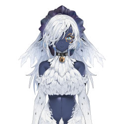 Rule 34 | 1girl, animal ears, aqua eyes, bare shoulders, barefoot, bell, black skin, blue skin, breasts, character request, collar, colored skin, commentary request, copyright request, facepaint, feathers, hair over one eye, head wings, headdress, highres, jingle bell, large breasts, long hair, looking at viewer, monster girl, navel, neck bell, nude, one eye covered, simple background, slit pupils, solo, straight-on, upper body, white background, white hair, wings, zhu fun