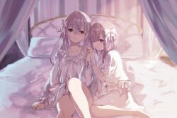 Rule 34 | 2girls, absurdres, barefoot, bed, bow, canopy bed, grey hair, hair bow, hair over one eye, highres, holding hands, long hair, looking at viewer, medium hair, multiple girls, nightgown, original, pillow, red eyes, ribbon, smile, soramick, thighs, white bow, white nightgown, white ribbon, yuri