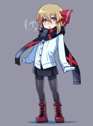 Rule 34 | 1girl, black pantyhose, black scarf, black skirt, blonde hair, blush, breath, commentary request, full body, grey background, hair between eyes, hair ribbon, highres, long sleeves, manekinekoppoi inu, mittens, open mouth, pantyhose, red eyes, red footwear, red ribbon, ribbon, rumia, scarf, shirt, short hair, simple background, skirt, solo, touhou, white mittens, white shirt