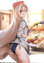 Rule 34 | 1girl, :q, apron, ass, bacon, blue eyes, blurry, blurry background, blush, drum (kancolle), egg (food), food, frilled apron, frills, hair between eyes, hat, highres, holding, indoors, kabayaki namazu, kantai collection, kitchen, long hair, looking at viewer, looking back, one-piece swimsuit, pancake, pink hair, plate, red hat, scrambled egg, solo, steam, swimsuit, swimsuit under clothes, tongue, tongue out, very long hair, white apron