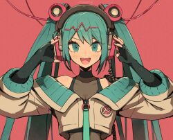 Rule 34 | 1girl, :d, alternate costume, aqua eyes, aqua hair, black gloves, breasts, cable, cropped jacket, fingerless gloves, gloves, hair ornament, hands on headphones, hatsune miku, headphones, highres, jacket, kuroi susumu, long hair, looking at viewer, medium breasts, miku day, off-shoulder jacket, off shoulder, open mouth, red background, simple background, sleeves past elbows, smile, solo, straight-on, twintails, upper body, vocaloid, white jacket, zipper pull tab
