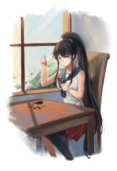 Rule 34 | 1girl, black hair, black sailor collar, black thighhighs, chair, hair between eyes, high ponytail, highres, holding, holding needle, indoors, kantai collection, long hair, looking at viewer, miniskirt, needle, pleated skirt, pouch, red eyes, red skirt, sailor collar, scissors, sewing, sewing needle, shirt, sidelocks, single thighhigh, sitting, skirt, sleeveless, sleeveless shirt, smile, solo, table, thighhighs, thread, very long hair, white background, white shirt, window, yahagi (kancolle), yorktown cv-5