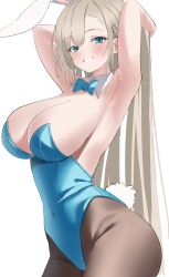Rule 34 | 1girl, absurdly long hair, absurdres, animal ears, asuna (blue archive), asuna (bunny) (blue archive), bare shoulders, blue archive, blue bow, blue bowtie, blue eyes, blue leotard, blue ribbon, bow, bowtie, breasts, brown pantyhose, commentary request, detached collar, fake animal ears, gloves, hair over one eye, hair ribbon, halo, highres, large breasts, leotard, light brown hair, long hair, looking at viewer, mole, mole on breast, official alternate costume, pantyhose, playboy bunny, rabbit ears, ribbon, smile, solo, swept bangs, thighband pantyhose, very long hair, white gloves, yue3621