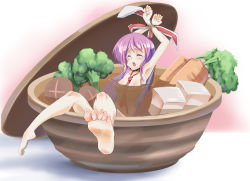 Rule 34 | 1girl, animal ears, armpits, arms up, barefoot, bdsm, blush, bondage, bound, bound wrists, bowl, breasts, broccoli, carrot, closed eyes, cup, feet, food, in bowl, in container, in cup, in food, liking, long hair, mini person, minigirl, mushroom, nabe, necktie, nude, open mouth, partially submerged, pot, pun, purple hair, rabbit ears, reisen udongein inaba, solo, soup, tears, toe scrunch, toes, tofu, touhou, vegetable, very long hair