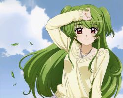 Rule 34 | 00s, cloud, day, green hair, inukami!, jewelry, long hair, necklace, outdoors, red eyes, sky, smile, solo, tomooka shinpei, youko (inukami)