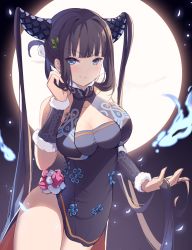 Rule 34 | 1girl, absurdres, backlighting, bare shoulders, black dress, blue eyes, blue fire, blunt bangs, blush, breasts, chaye (2801185778), china dress, chinese clothes, cleavage, closed mouth, detached sleeves, dress, fate/grand order, fate (series), fire, fish, full moon, hair ornament, hand up, highres, holding, holding own hair, large breasts, leaf hair ornament, long hair, looking at viewer, moon, night, night sky, purple hair, side slit, sidelocks, sky, smile, solo, thighs, twintails, very long hair, yang guifei (fate), yang guifei (second ascension) (fate)