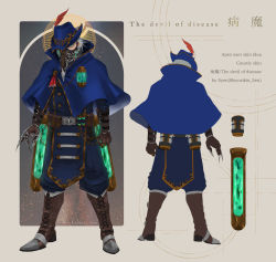 Rule 34 | 1boy, 5-en, alternate costume, apex legends, bad id, bad pixiv id, blue capelet, blue headwear, blue jacket, boots, brown footwear, brown gloves, capelet, caustic (apex legends), claws, clenched hand, feathers, gloves, green eyes, hair behind ear, hat, hat feather, highres, jacket, male focus, multiple views, red feathers, silver hair, vial