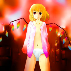 Rule 34 | 1girl, bad id, bad pixiv id, blonde hair, blouse, collared shirt, female focus, flandre scarlet, nude, open clothes, open shirt, panties, shirt, short hair, solo, touhou, underwear, vallerg, white shirt, wings