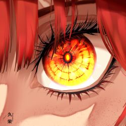 Rule 34 | 1girl, absurdres, artist name, chainsaw man, close-up, eye focus, eyelashes, hair between eyes, highres, hisaeki, looking at viewer, makima (chainsaw man), multicolored eyes, red eyes, red hair, ringed eyes, signature, solo, yellow eyes